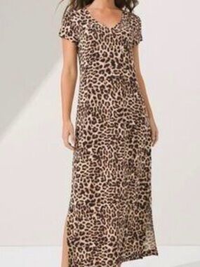 Soma Cool Nights Long Sleepshirt Medium Leopard Short Sleeve Nightgown Pajamas